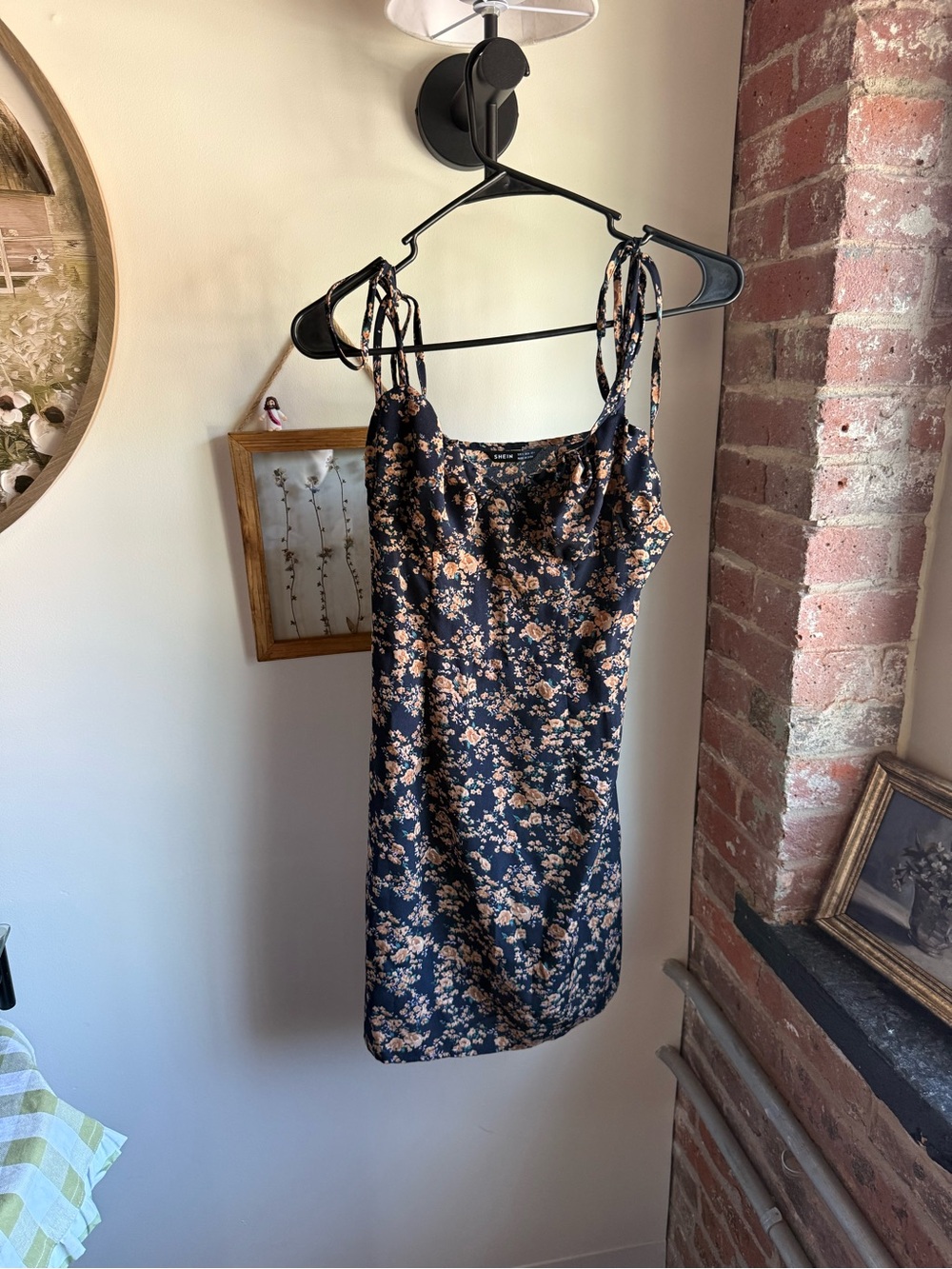 SHEIN Black Floral Tie-Shoulder Mini Dress with Peach Blossoms